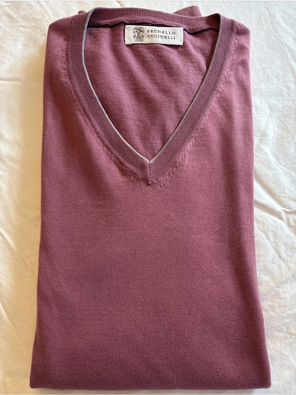 Brunello Cucinelli 💯 Cotton Rose-Mauve V-Neck Sweater Contrast Trim Sz 54/XL